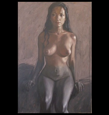 Het schilderij 'Nude in balance', 150 x 100 cm, olieverf op linnen, geschilderd door kunstenaar Nico Vrielink