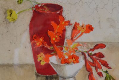 Bloemen schilderijen: Ina van Toor - Kleintjes op rood